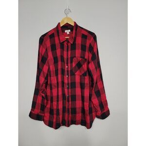 Trueโ Craft Women's Top Size 2X Plaid Button-up Red